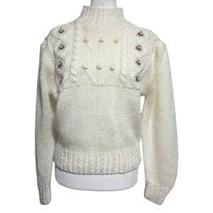 Vintage Paris Sport Club White Cable Knit Sweater With Floral Embroidery & Mock